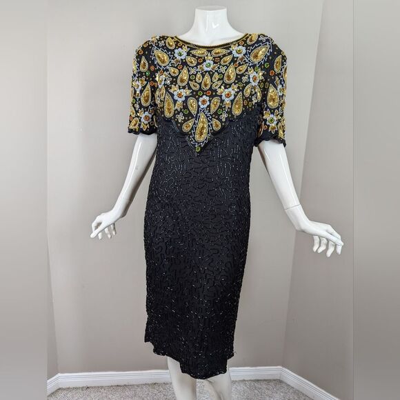 Leslie Fay Beaded Cocktail Dress Black Gold 16 Vintage Glam - Picture 1 of 10